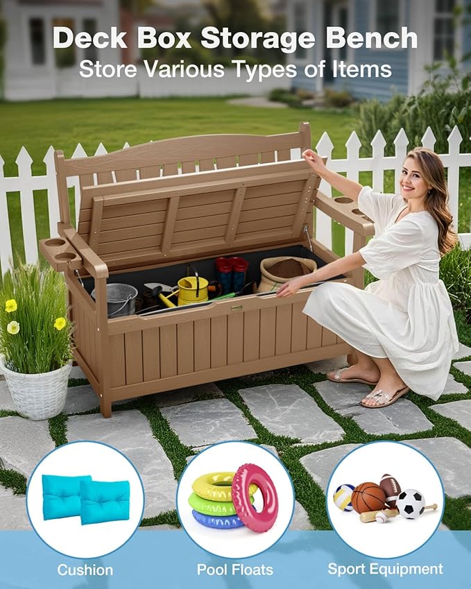 YEFU Outdoor Storage Bench for Patio: Heavy Duty Garden Bench with 96° High Backrest & Oversized Seating - HIPS Weatherproof Patio Bench with Storage for Porch Park Backyard, Teak-Ruum Studio Home
