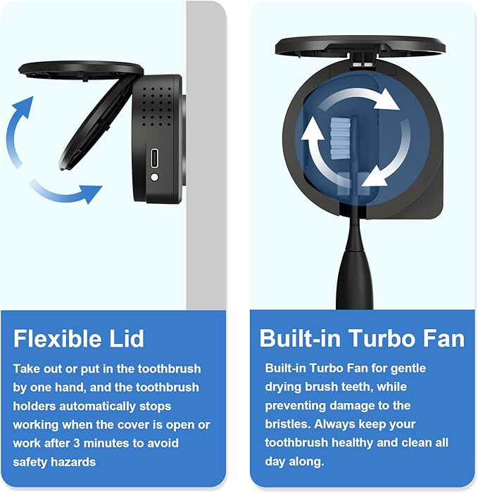UV Toothbrush Sanitizer Holder, Toothbrush Sanitizer and Holder Cover Caps with Fan Drying, Rechargeable Portable Toothbrush Cleaner Case Fits Most Electric and Manual Toothbrushes (Black)-Ruum Studio Home