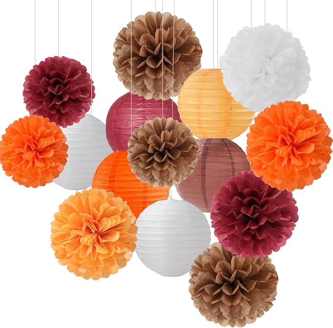 Brown Burgundy-Orange Party-Decorations Paper-Flowers Lanterns - 15PCS Fall Boho Tissue Pom Poms Streamers,Baby Bridal Shower Rustic Wedding Neutral Birthday Coffee Halloween ThanksgivingDecor Hugfond-Ruum Studio Home