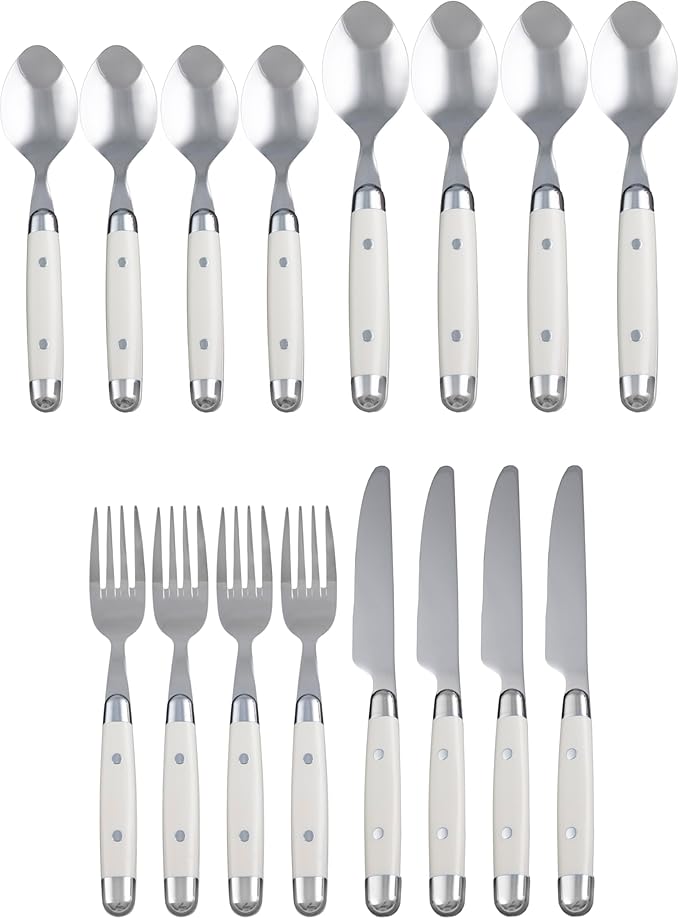 Cambridge Silverware Set, Jubilee White 16-Piece Flatware Set, Service for 4, 18/0 Stainless Steel, Silver Mirror Finish Beige Handles, Knives Spoons and Forks set, Dishwasher Safe, (Beige, 16 Pieces)-Ruum Studio Home