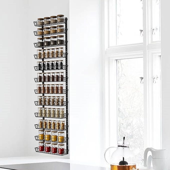 SWOMMOLY Adjustable Wall Mount Spice Rack Organizer, 12-Tier Dual-use (Multi-use) Hanging Spice Shelf Storage for Kitchen Pantry Cabinet Door, Seasoning Holder Organizer, Black-Ruum Studio Home