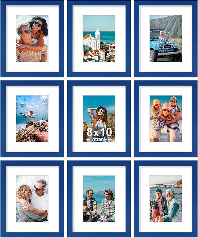 Vittanly 8x10 Picture Frame Set of 9 - Display 5x7 Photos with Mat or 8x10 Without Mat, Wall Mount & Tabletop Frames for Home Decor, Horizontal or Vertical (Blue)-Ruum Studio Home