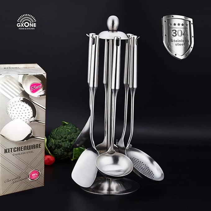 Kitchen Utensil Set – 6 Piece Stainless Steel Cooking Utensils with Rotating Holder Organizer Includes Slotted Spoon, Slotted Spatula, Large Spoon, Soup Ladle, Spatula, Pasta Server Silver/7PCS-Ruum Studio Home