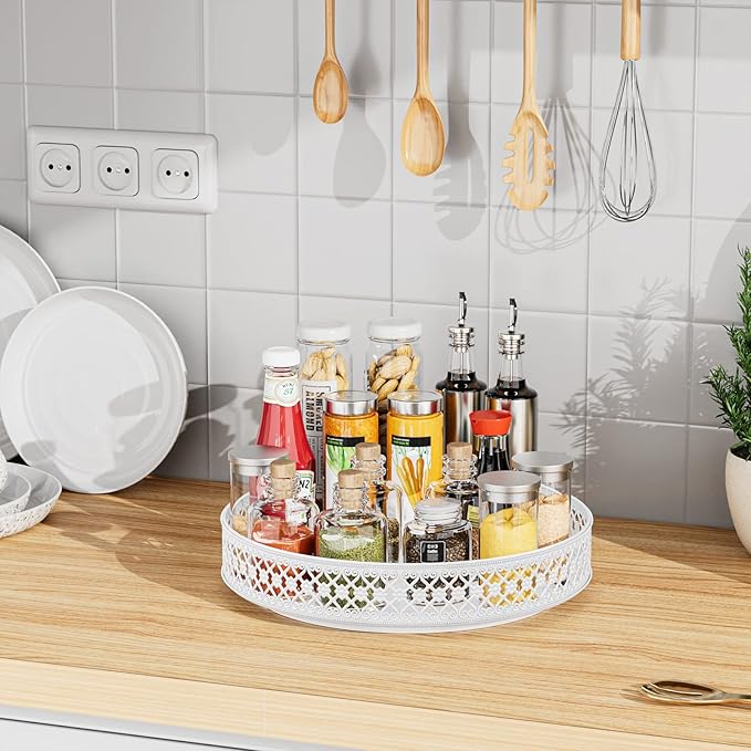 Ovicar Lazy Susan Organizer Turntable - 11 inch Rotating Spice Rack Metal Lazy Susan for Cabinet Pantry Kitchen Countertop Dining Table Cupboard Bathroom Refrigerator Vanity (11 inch White)-Ruum Studio Home