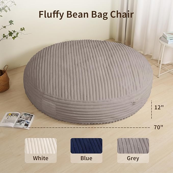 Memory Foam Bean Bag Chair, Bean Bag Bed with Fluffy Removable Cover, for Living Room Bedroom, 6FT Grey-Ruum Studio Home