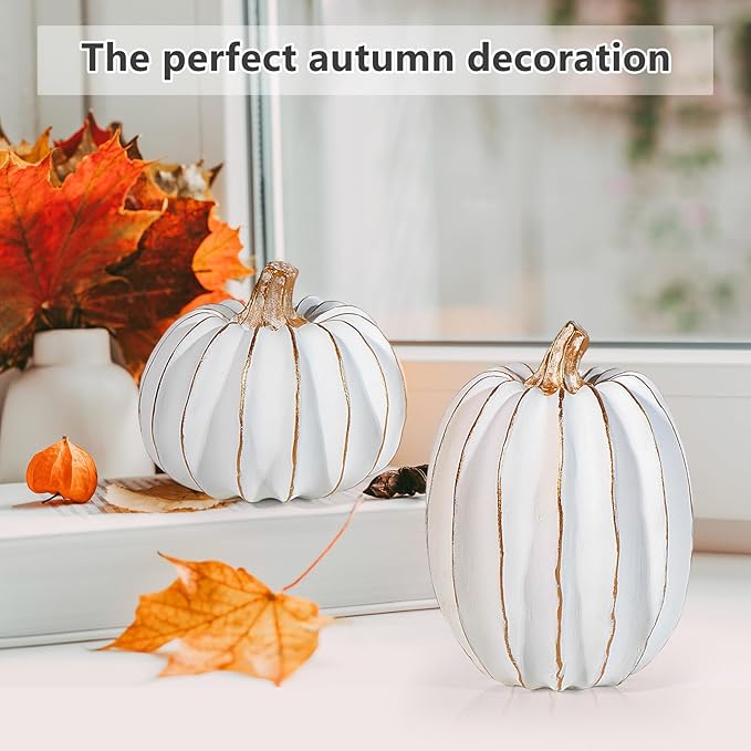 2Pcs Halloween Pumpkin Artificial Resin Pumpkins Decor for Mantel Harvest Autumn Tabletop Decoration Gold Fall Pumpkin Decorations Thanksgiving Table Centerpieces (Set C, ONE Size)-Ruum Studio Home