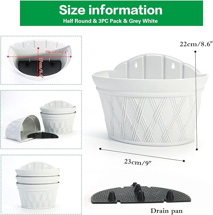 Sungmor Wall Hanging Planters,11.5 Inch Hanging Flower Pots for Railing Fence - Indoor Outdoor Balcony Wall Hanging Basket, Plastic Plant Pot Container - Half Round & 3PC Pack & Grey White-Ruum Studio Home