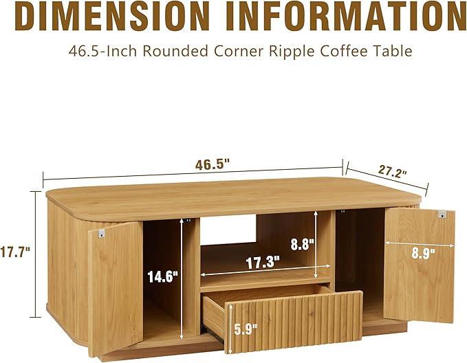 46.5" Oval Coffee Table with Drawers and Storage Mid Century Modern Fluted Solid Wood Side Coffee Tables, Luxury Tea Table Center Table for Living Rooms Offices Apartmen, Natural-Ruum Studio Home