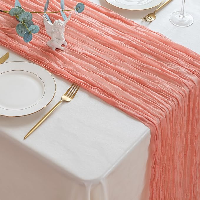 Sioloc 1 Pack Peach Coral Cheesecloth Table Runner Fall Autumn Decor for Home 10ft Table Cloth for Tea Wedding Birthday Party Baby Bridal Shower Halloween Thanksgiving-Ruum Studio Home