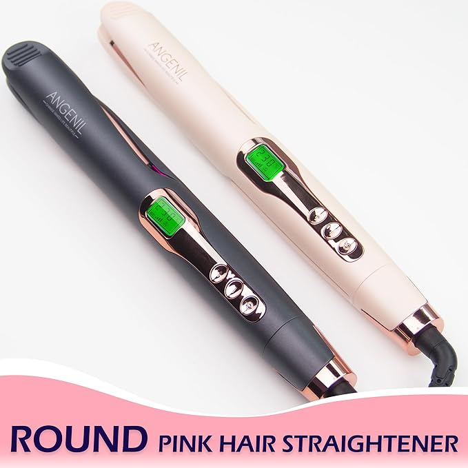 ANGENIL Pro Twist Flat Iron Hair Straightener, 2 in 1 Straightener and Curling Iron for Women, Round Pink Dual Voltage Hair Straightener with Silicone Heat Resistant Mat, 20s Fast Heating, LCD Display-Ruum Studio Home