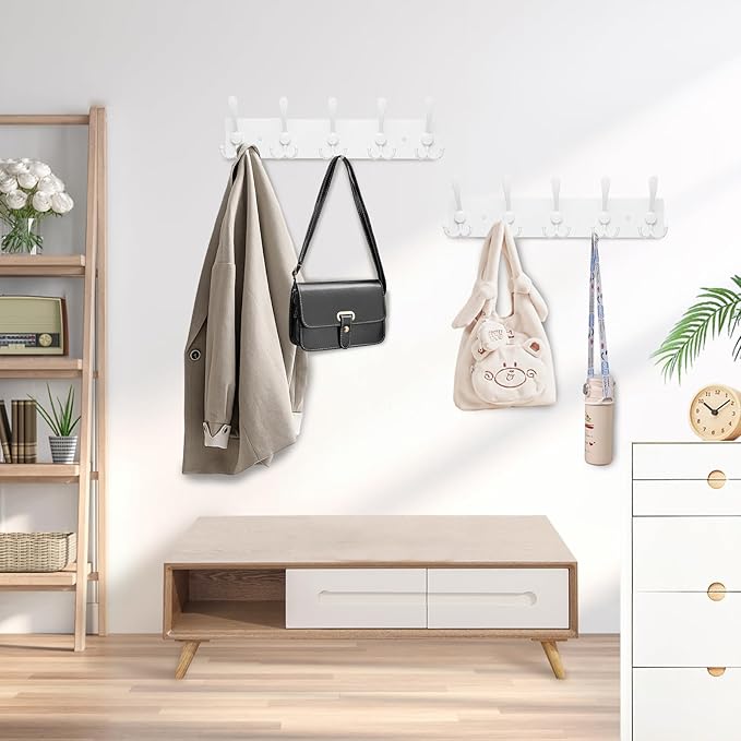 2pcs Coat Rack Wall Mount Coat Hooks Wooden Hat Rack for Wall Hooks Pine Real Wood Plank 16.9" White Coat Hanger with 5 White Triple Hooks for Hanging Coat Hat Jacket-Ruum Studio Home