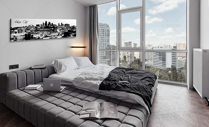 Pictures for Bedroom Black and White Wall Art Kansas City Panoramic Cityscape Skyline Canvas Art Prints for Living Room Office Home Decor Framed and Ready to Hang 13.8"x47.3"-Ruum Studio Home