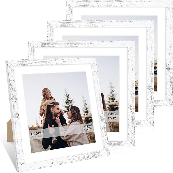 12x12 Picture Frame Set of 4, 12 x 12 Wood Photo Frames with Mat for 10x10 or 30x30cm Diamond Painting Art, Wooden Frame with Real Glass Cover for Wall and Tabletop Display,Distressed White-Ruum Studio Home