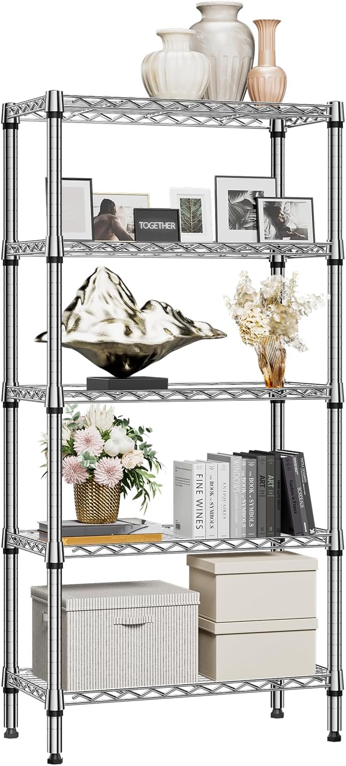 1250 lbs 5 Tier Shelf Metal Storage Shelves Shelving Wire Rack Heavy Duty Closet Organizers for Garage Kitchen Bathroom Laundry Chrome 13.8" D x 29.5" W x 59.5" H-Ruum Studio Home