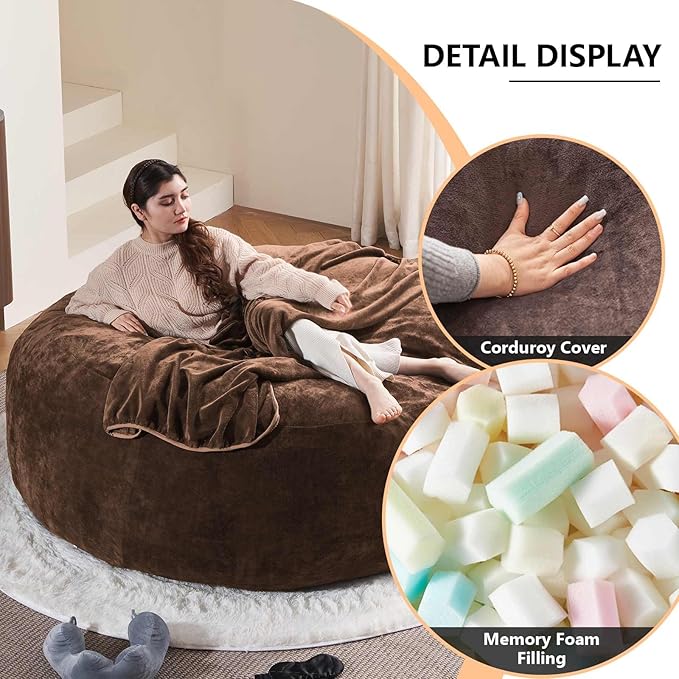 6FT,Oversized Bean Bag Chairs for Adults,Giant beanbag with Filler Included，Fluffy Memory Foam,Soft and Comfy Corduroy Fabric,Gaming Chairs Suitable for Living Room and Bedroom (Coffee Color, 6 Foot)-Ruum Studio Home
