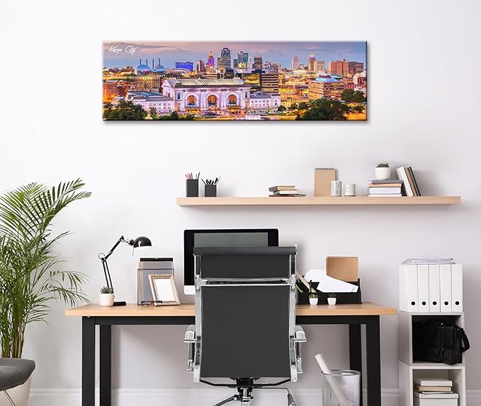 Pictures for Bedroom Kansas City Skyline Wall Art Canvas Prints Cityscape USA City Building Panoramic Night View Posters Modern Home Office Living Room Decoration Framed 13.8"x 45.3"-Ruum Studio Home