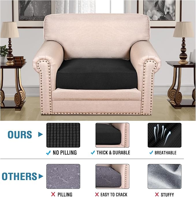 H.VERSAILTEX Super Stretch Individual Seat Cushion Covers Sofa Covers Couch Cushion Covers Slipcover Sets Thick Jacquard Textured Twill Fabric (1 Piece Chair Cushion Cover, Black)-Ruum Studio Home