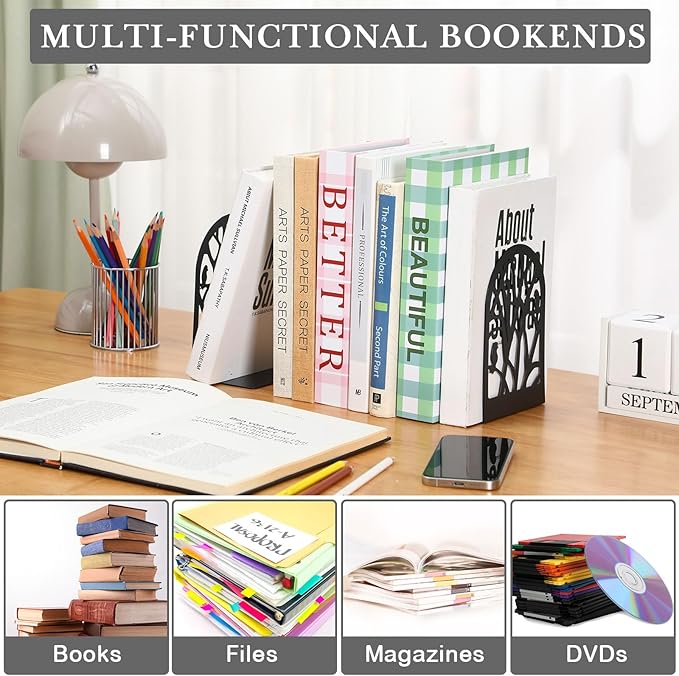Faccito 5 Pairs Book Ends, Black Metal Bookends for Shelves Decorative, Non Skid Tree Stopper and Flower Shelf Holder for Heavy Books, Home Office School Supplies (Classic)-Ruum Studio Home