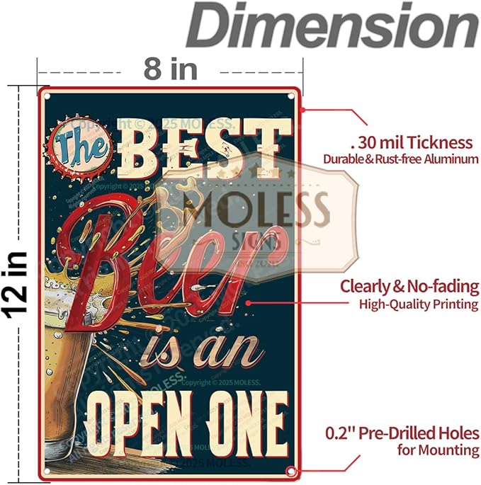 "The Best Beer is an Open One" Funny Bar Sign or Man Cave Decor | 12x8″ Durable Vintage Metal Beer Signs Wall Decorations for Home Bar/Basement/Garage/Mancave, 2347-Ruum Studio Home
