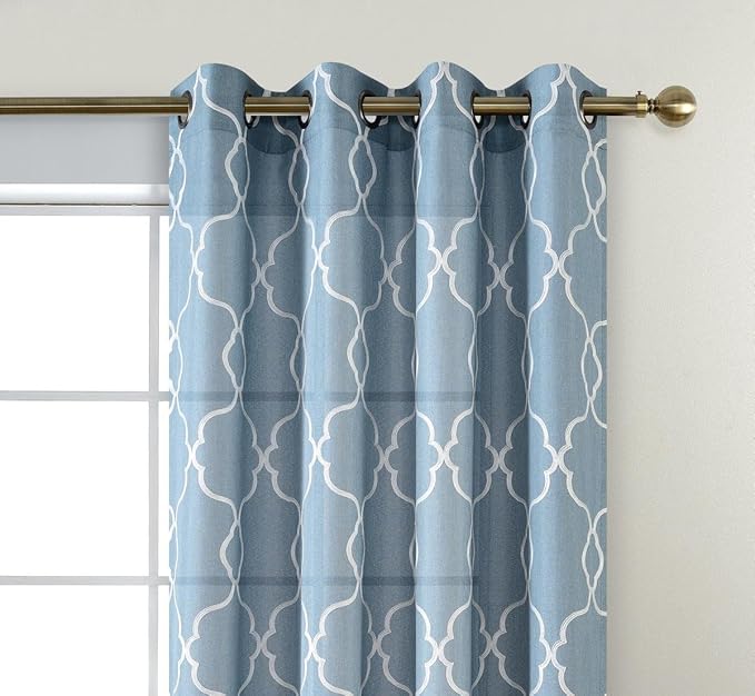 MIUCO Moroccan Embroidery Semi Sheer Curtains Faux Linen Grommet Curtains for Bedroom 52 x 63 Inch 2 Panels, Dusty Blue-Ruum Studio Home
