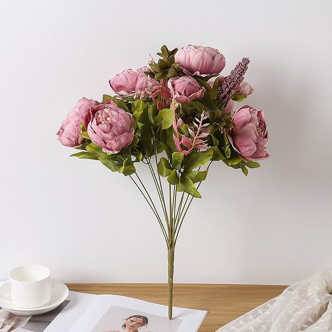 Duovlo Fake Flowers Vintage Artificial Peony Silk Flowers Wedding Home Decoration,Pack of 1 (Sweetened Bean)-Ruum Studio Home