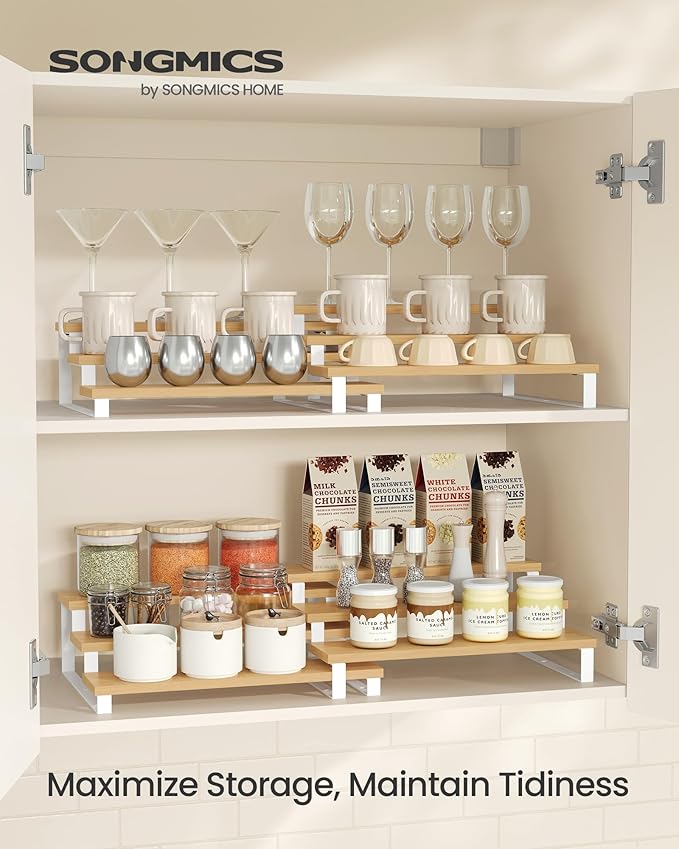 SONGMICS Display Risers, Set of 2 Engineered Wood Perfume Organizer Stand, 3-Tier Cupcake Stand Holder, Spice Rack, Shelf Risers for Figures, Dessert Shelves, Natural Beige and Cloud White UKCS016N02-Ruum Studio Home