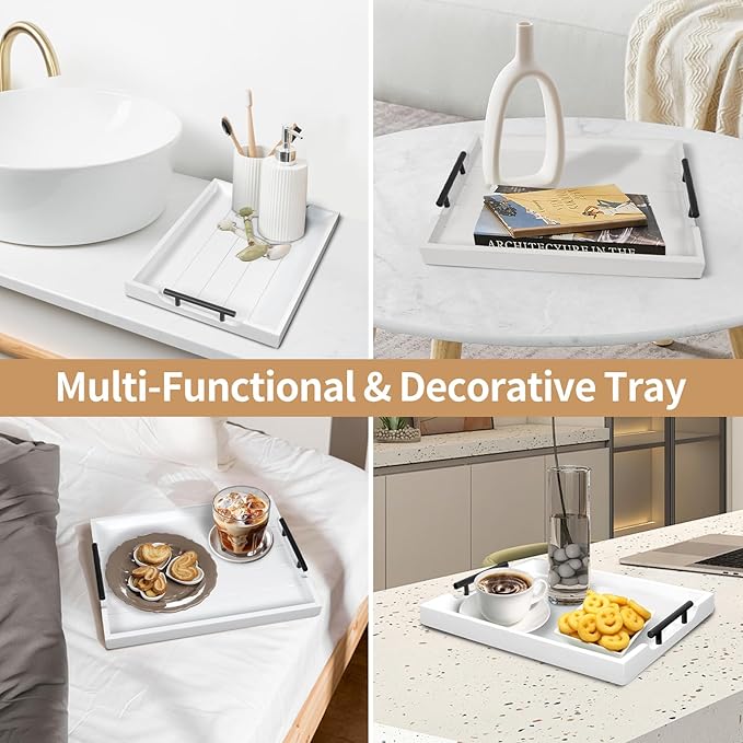 Coffee Table Tray - Large Ottoman Tray for Living Room - Wood Serving Tray with Handles(2 Sets) - Wooden Tray for Coffee Table, 4 Round Coasters Included, White-Ruum Studio Home
