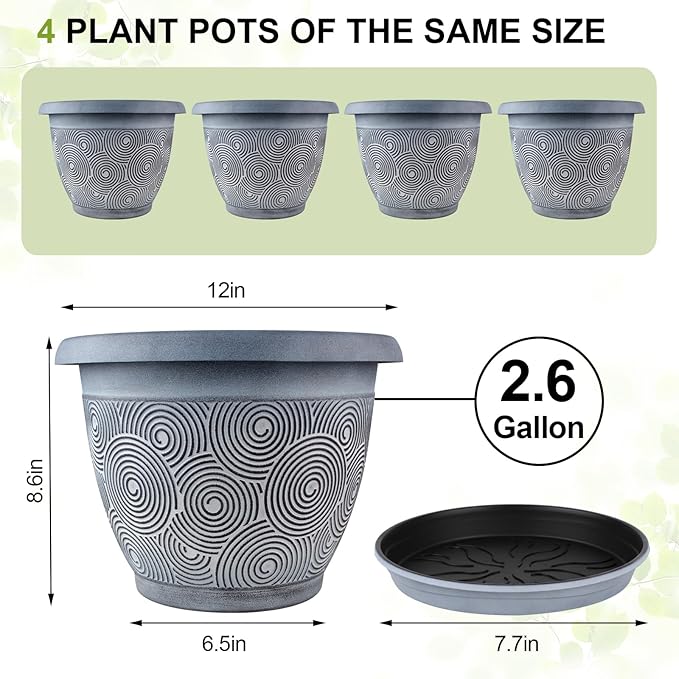 12 Inch Large Planter Pot for Plants Indoor Outdoor, 4 Pack Plastic Flower Pots with Drainage Hole & Tray, Modern Decorative Garden Pot with Saucer, Plant Container for House-Ruum Studio Home