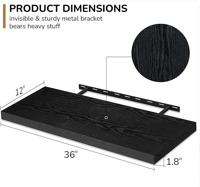 Fun Memories Floating Shelves - 2 Pack 12 Inch Rustic Wooden Wall Shelves - Extra Deeper & Thicker Wall Mounted Storage Shelf for Living Room, Kitchen, Farmhouse - 36" W x 12" D x 1.8"H - Rustic Black-Ruum Studio Home