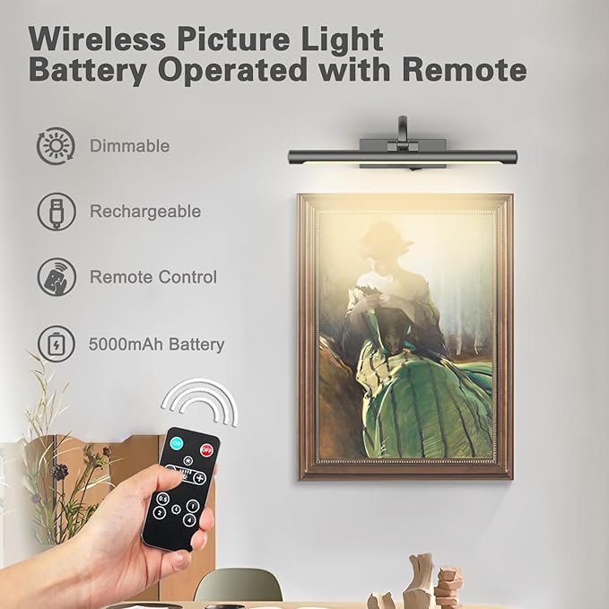 Battery Operated Picture Lights for Wall, Wireless Painting Lights Dimmable Artwork Lighting with Remote and Timer, Rechargeable Art Lights for Paintings-Brushed Grey 16'' inch Warm White-Ruum Studio Home