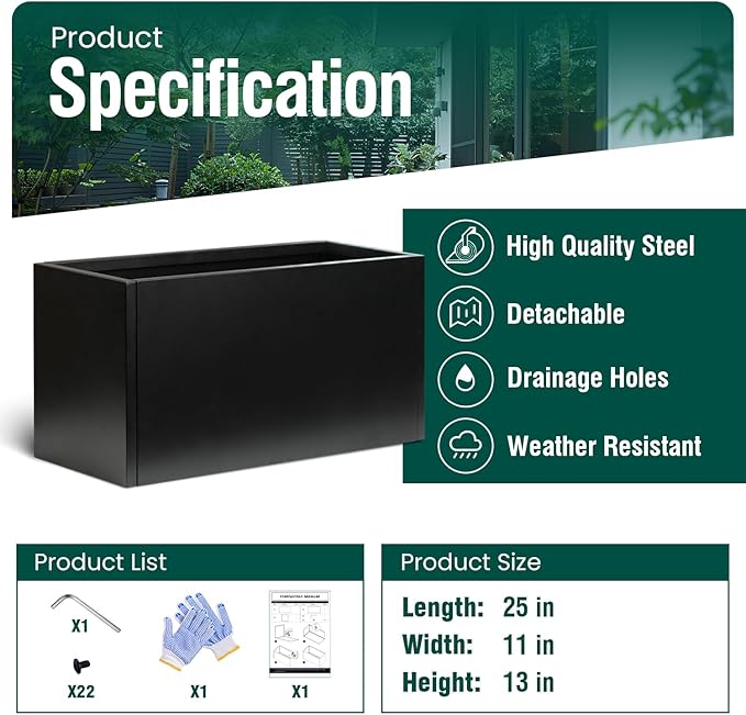 Galvanized Steel Metal Planter Rectangular Indoor Black Planter Box Large Outdoor Planters Steel 25" Lx 11" W x 13" H Commercial Residential for Patio, Deck, Garden-Ruum Studio Home