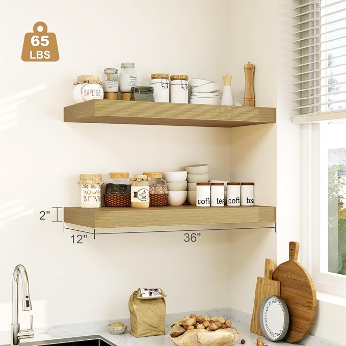 12" Deep Oak Floating Shelves,Over Toilet Long Wall Mounted Modern Farmhouse 36 inches,Wall Shelves with Invisible Brackets for Bedroom, Bathroom, Living Room, Kitchen, Set of 1-Ruum Studio Home
