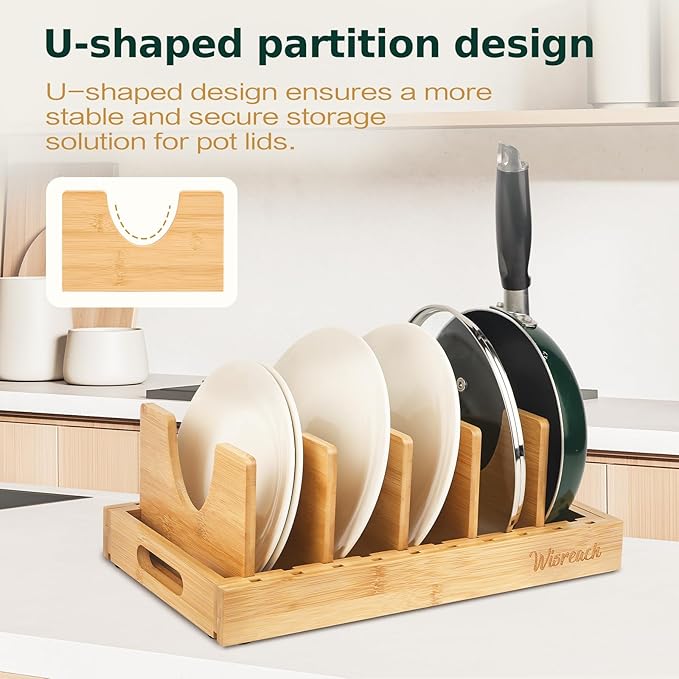Bamboo Pot Lid Organizer, Adjustable Kitchen Organizer for Cabinet, Expandable Pot and Pan Storage Rack, Kitchen Organization for Lids, Bakeware, and Cutting Boards-Ruum Studio Home