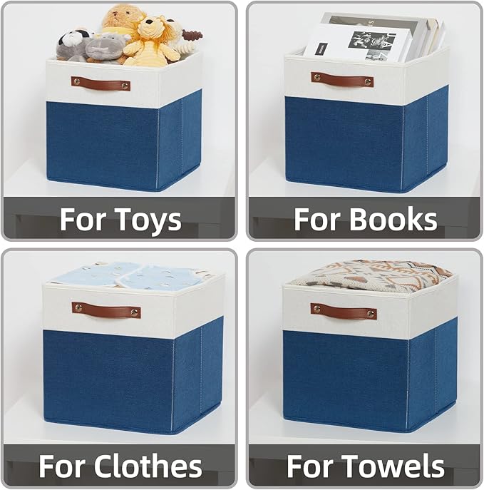 HNZIGE Cube Storage Baskets,Fabric Storage Cubes 12 x 12, Set of 4,Decorative Storage Baskets for Organizing with Handles,Blue Square Bins for Organizer Home Toy Nursery Closet(Blue White)-Ruum Studio Home