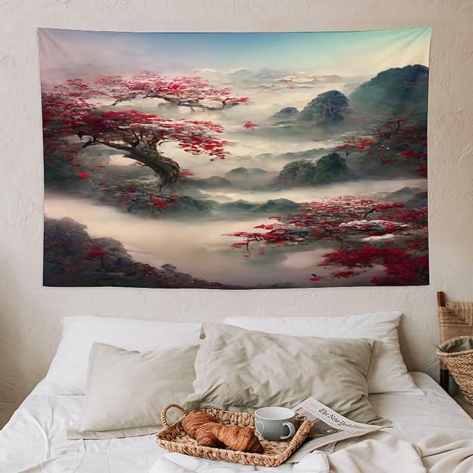 Japanese Tapestry, Red Plum Cherry Blossom Mountain, Asian Wall Art, Nature Landscape for Bedroom & Living Room Decor, 60"x40"-Ruum Studio Home