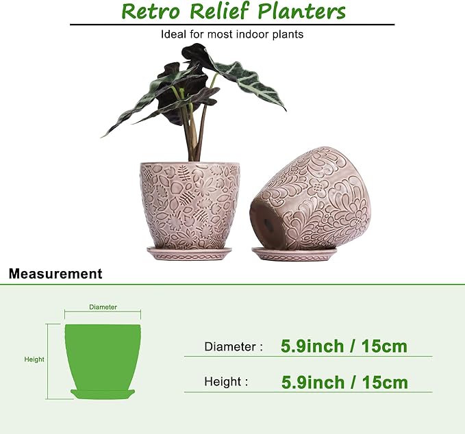 6 Inch Retro Ceramic Planter Set of 2 with Drainage Hole and Saucer for Plants, Indoor-Outdoor Garden Pots for Succulent, Orchid, and Flower (Fits Inner Pots Up to 5 Inches, Retro Peach)-Ruum Studio Home