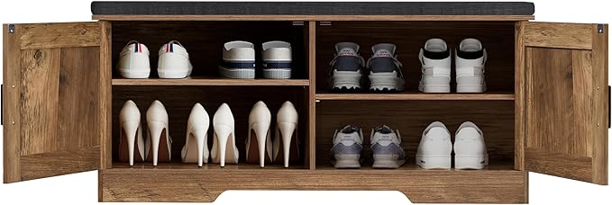 2-Tier Storage Bench, Shoe Bench with Padded Seat Cushion, Entryway Bench with 2 Barn Doors, Adjustable Shelf, 13.8" D x 39.4" W x 17.7" H, for Entryway, Living Room, Bedroom, Rustic Walnut-Ruum Studio Home
