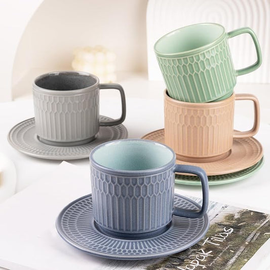 Large Cappuccino Cups with Saucers Set of 4, 8 Ounce Stackable Embossed Ceramic Coffee Mugs for Specialty Coffee Drinks, Latte, Cafe Mocha and Tea, Dishwasher & Microwave Safe (Mix)-Ruum Studio Home