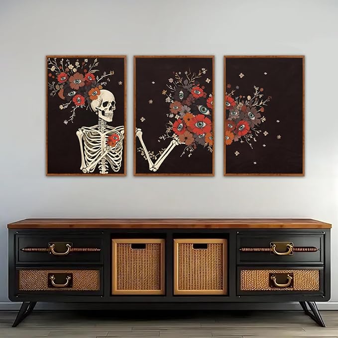 KAIRNE Gothic Skull Wall Art,Halloween Skeleton Canvas Set of 3(16”x24”),Scary Skull Painting,Horror Floral Botanical Prints,Romantic Spooky Halloween Wall Art for Living Room Bedroom Goth Party Decor-Ruum Studio Home