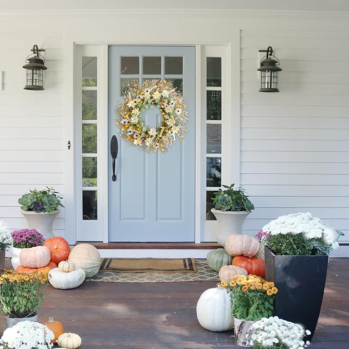 idyllic 20 Inches Spring Summer Front Door Wreath, Yellow and White Daisies Flowers, Ear of Wheat, Green Leaves Wreath for Front Door-Ruum Studio Home