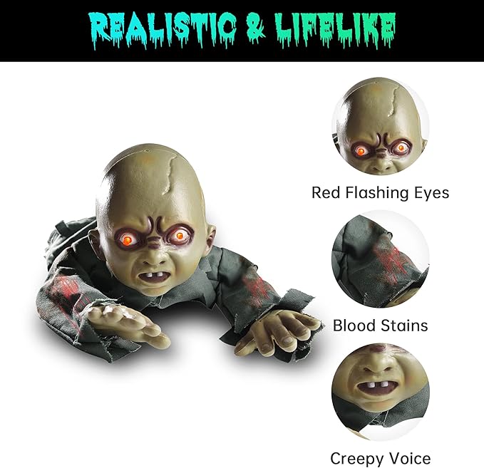 AW Halloween Animated Decoration Crawling Baby Zombie Scary Sound Sensor Activated Ghost Baby Doll Haunted House Flashing Eyes Party Outdoor Decor 2025-Ruum Studio Home