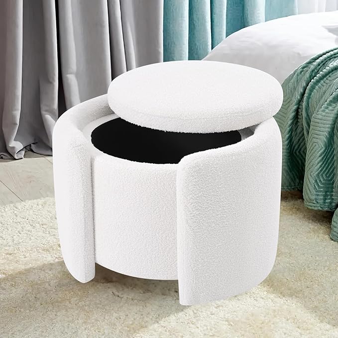 Furniliving Upholstered Button Tufted Round Ottoman, Ottoman with Storage, Teddy Footrest Stool, Removable Lid Convenient Footstools, Bedroom Ottomans with Storage for Vanity, Living Room, White-Ruum Studio Home