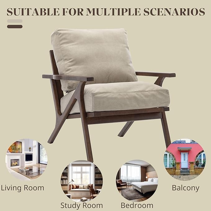 Wahson Set of 2 Mid Century Arm Chairs and Ottomans, Upholstered Accent Armchair with Wood Frame and Canvas Cushions, Leisure Slipper Chair for Living Room/Bedroom, Beige-Ruum Studio Home