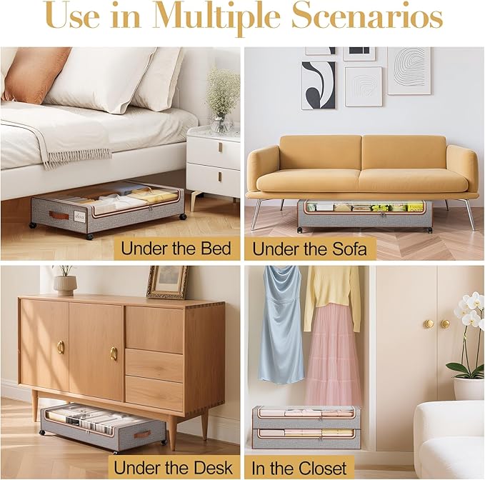 Yecaye Under Bed Storage with Wheels, 4 Pack Under Bed Storage Containers with Clear Lids & Label, XXL Large Lapacity Rolling Under Bed Drawers for Clothes, Shoes, Blankets-Ruum Studio Home