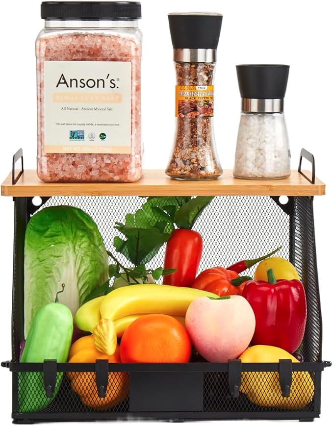 1 SET Large fruit basket for kitchen counter-stackable basket with Bamboo Tops & Tag,hanging wall baske,for Cabinet Shelf Countertop pantry storaget, onion potato Vegs Bread Food Organizing Bin,BLACK-Ruum Studio Home