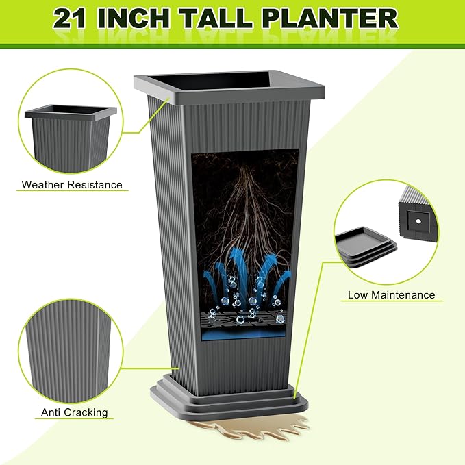 FENCY Set of 2 Tall Planters for Outdoor Plants, 24 Inch Large Tapered Pots with Drainage Trays, Weather-Resistant Plastic Plant Containers for Patio, Porch, Garden, Front Door Decor,Gray,Striped-Ruum Studio Home