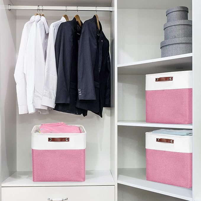 13x13 Cube Storage Bins, Collapsible Fabric Storage Box, 4 Pack Closet Baskets with Handles for Organizing, Shelf, Toys, Clothes, Home, Office, Nursery (Pink&White)-Ruum Studio Home