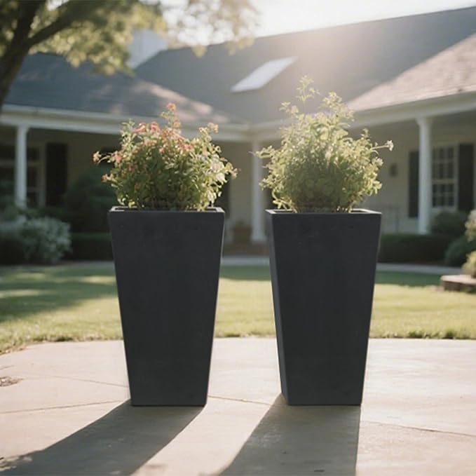 GreenShip 27" Tall Planters, Set of 2 – Black Outdoor Planter for Front Porch & Tall Plants, Weather-Resistant, with Drainage Hole & Rubber Plug (No Plants Included) (Black-2pcs)-Ruum Studio Home