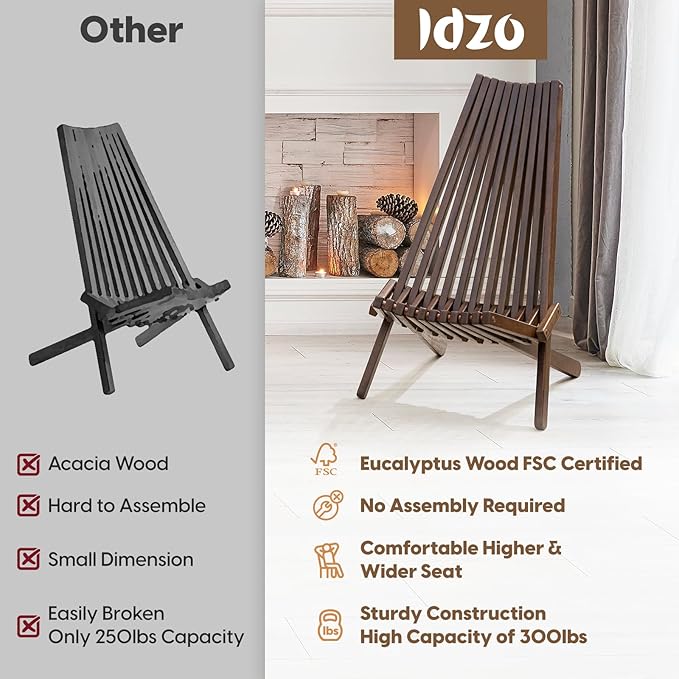 IDZO Elina FSC Eucalyptus Tamarack Chair, 300Lbs Capacity Modern Adirondack Style, Wooden Folding Seat, for Fire Pit Outdoor & Indoor - Cinnamon, Single-Ruum Studio Home