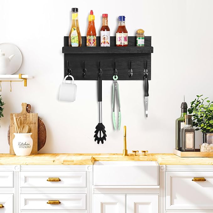 Shelf with Hooks, Coat Rack Wall Mount with 6 Double Metal Hooks, 17 Inch Farmhouse Wall Hooks with Shelf, for Entryway, Bathroom, Kitchen, Black-Ruum Studio Home